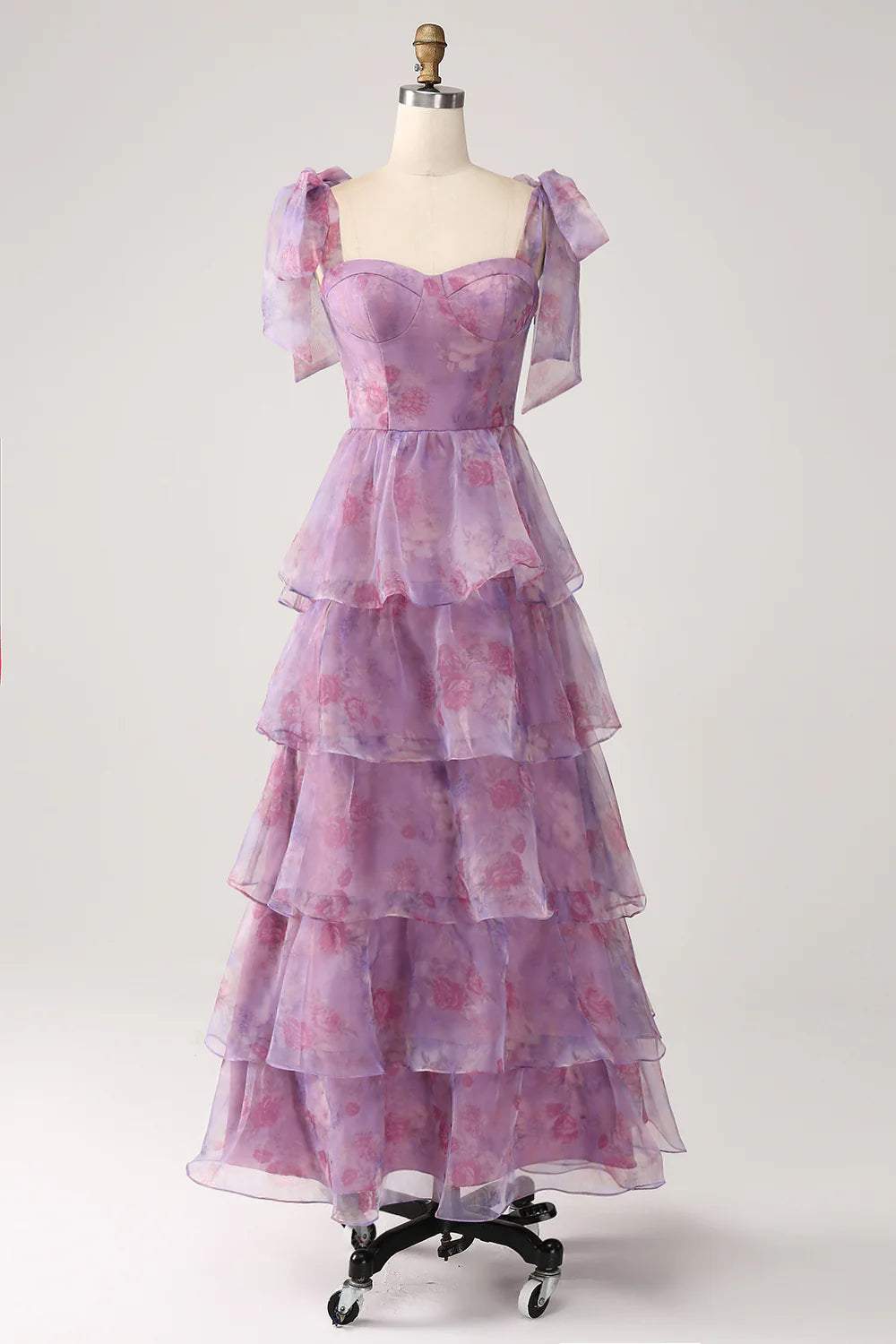 A-line layered purple printed tea long ball dress