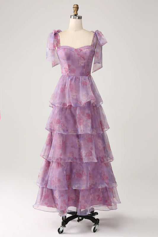 A-line layered purple printed tea long ball dress