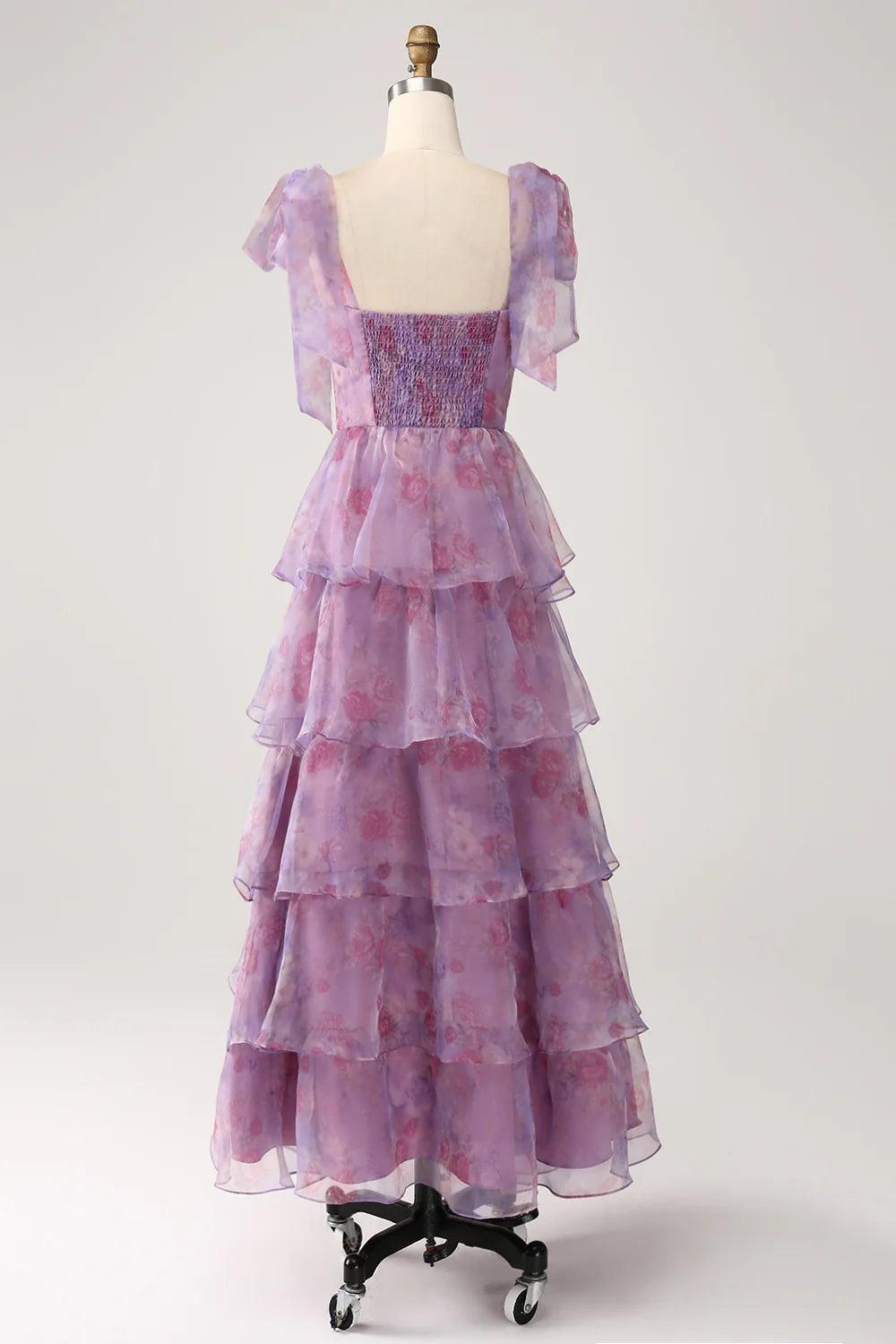A-line layered purple printed tea long ball dress