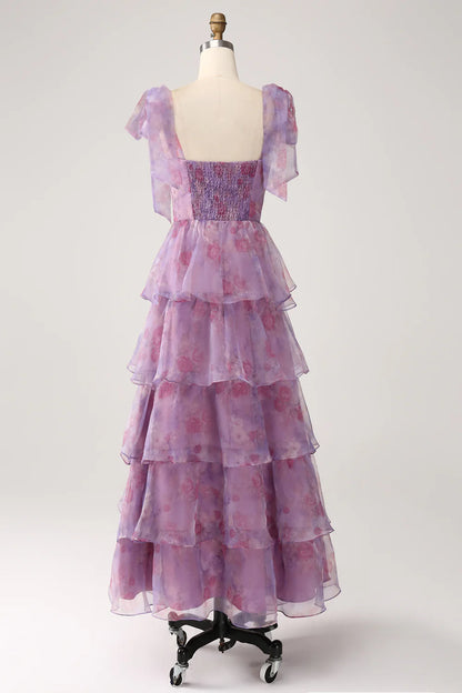 A-line layered purple printed tea long ball dress