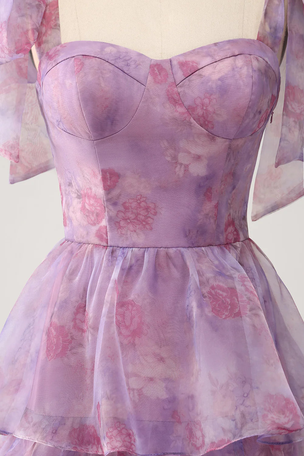 A-line layered purple printed tea long ball dress