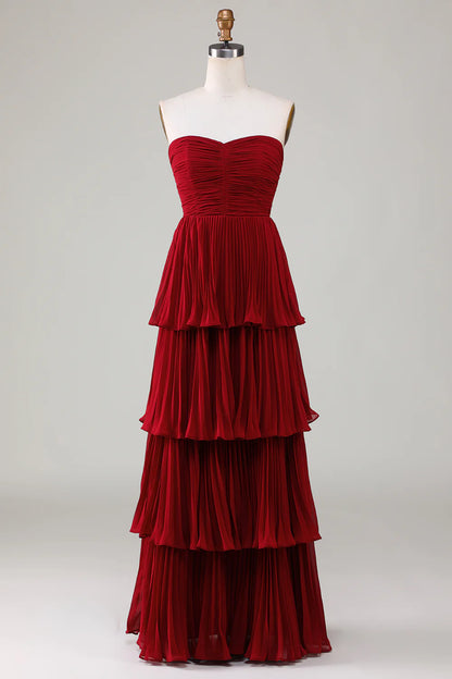 Sexy strapless layered Burgundy long bridesmaid dress