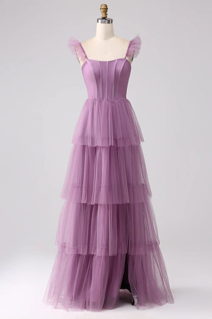 High end purple A-line sheer layered pleated split long ball dress