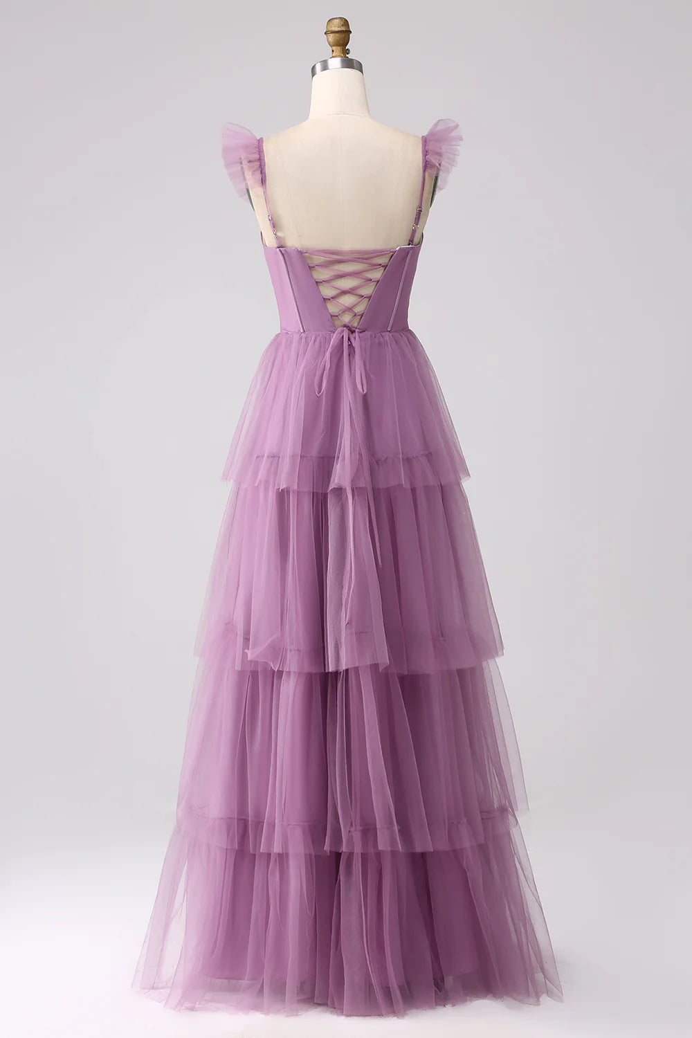 High end purple A-line sheer layered pleated split long ball dress