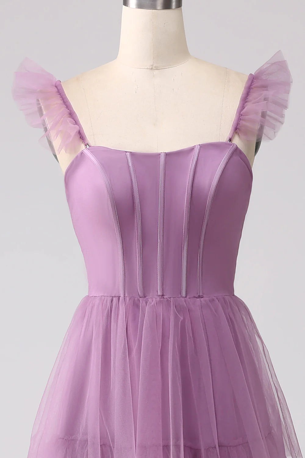 High end purple A-line sheer layered pleated split long ball dress