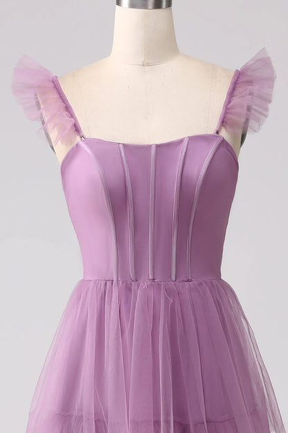 High end purple A-line sheer layered pleated split long ball dress
