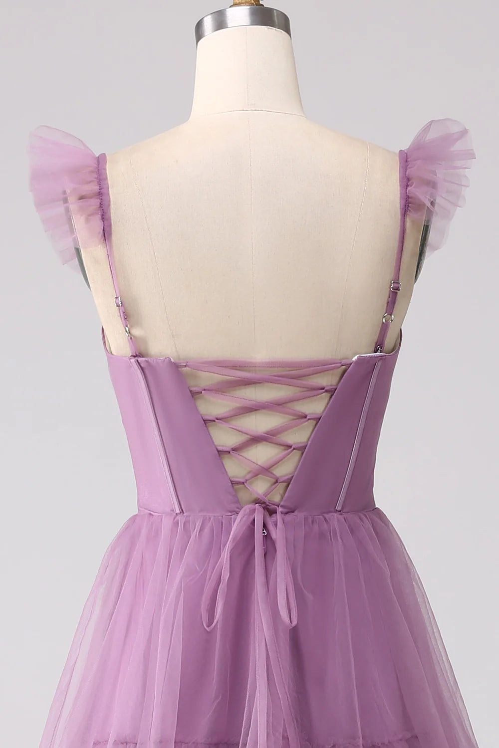 High end purple A-line sheer layered pleated split long ball dress