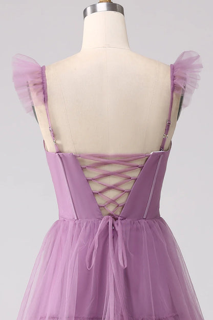 High end purple A-line sheer layered pleated split long ball dress
