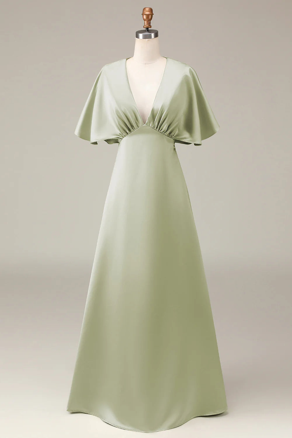 Elegant and high-end V-neck short sleeved A-line satin ball bridesmaid dress