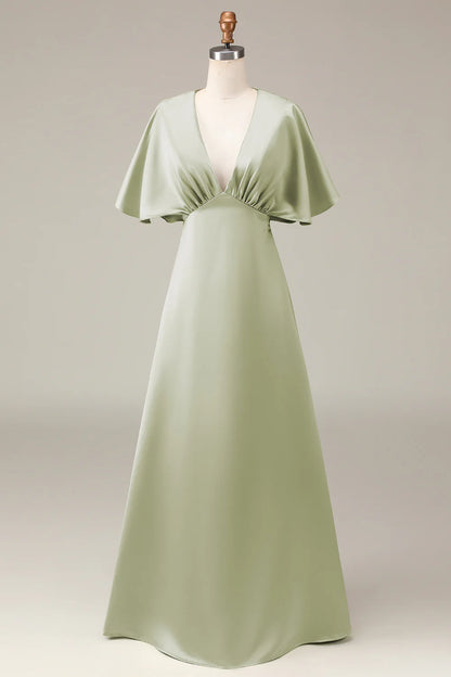 Elegant and high-end V-neck short sleeved A-line satin ball bridesmaid dress