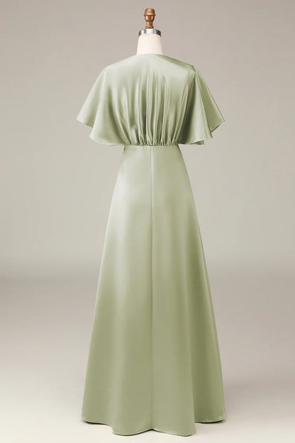 Elegant and high-end V-neck short sleeved A-line satin ball bridesmaid dress