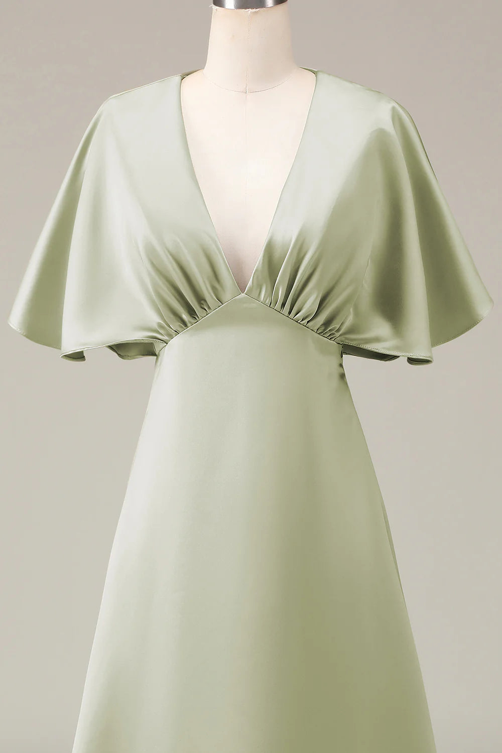 Elegant and high-end V-neck short sleeved A-line satin ball bridesmaid dress