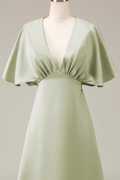 Elegant and high-end V-neck short sleeved A-line satin ball bridesmaid dress