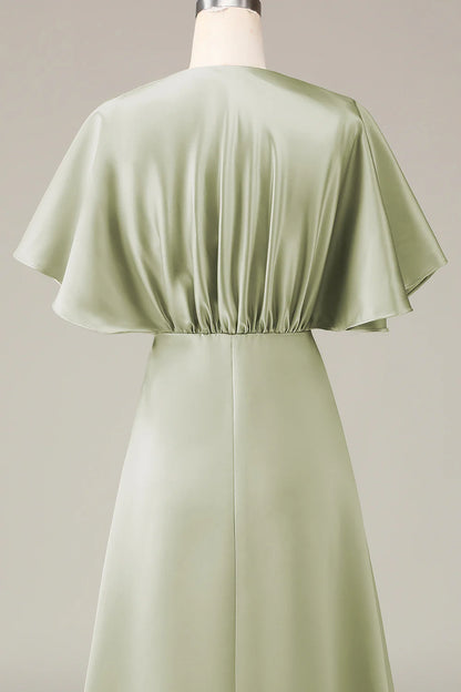 Elegant and high-end V-neck short sleeved A-line satin ball bridesmaid dress