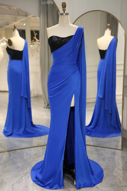 Sexy Blue Mermaid One Shoulder Shawl Split Long Ball Dress