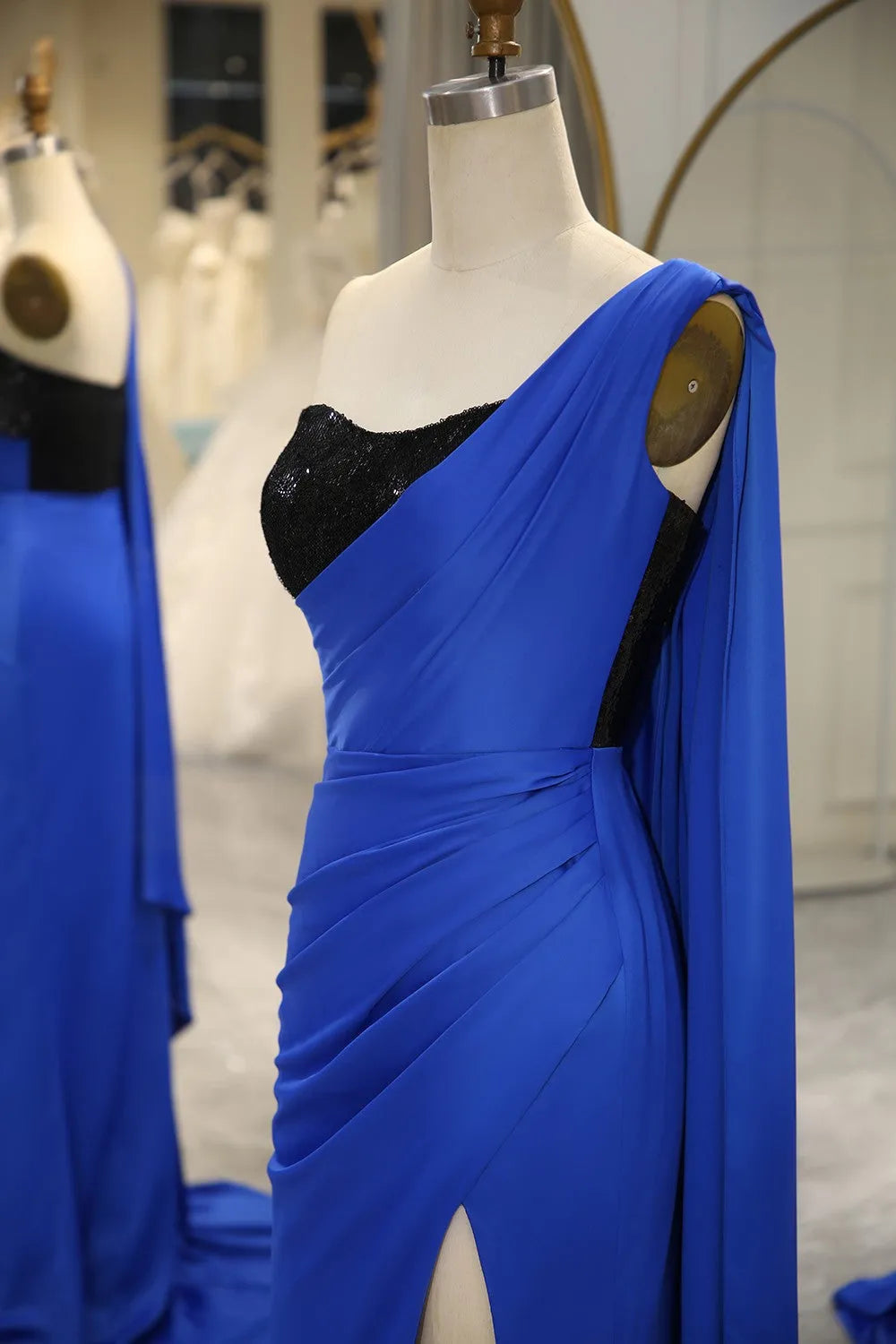 Sexy Blue Mermaid One Shoulder Shawl Split Long Ball Dress