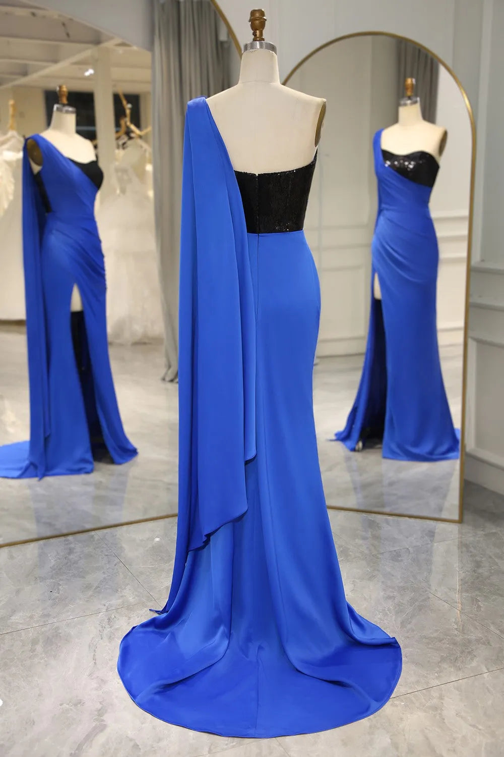 Sexy Blue Mermaid One Shoulder Shawl Split Long Ball Dress