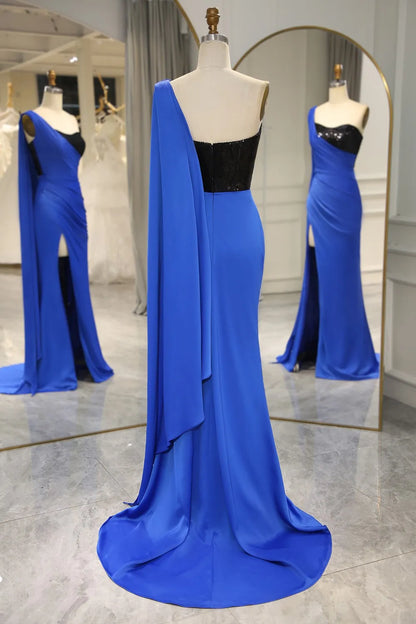 Sexy Blue Mermaid One Shoulder Shawl Split Long Ball Dress