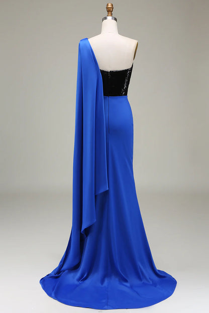 Blue sexy one shoulder satin sequin mermaid pleated split ball dress
