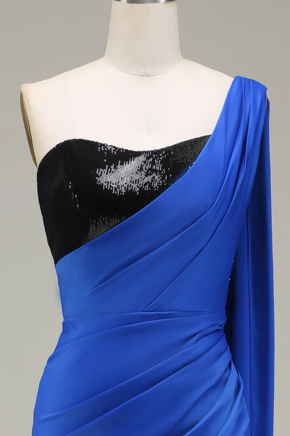Blue sexy one shoulder satin sequin mermaid pleated split ball dress