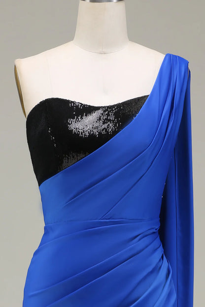 Blue sexy one shoulder satin sequin mermaid pleated split ball dress