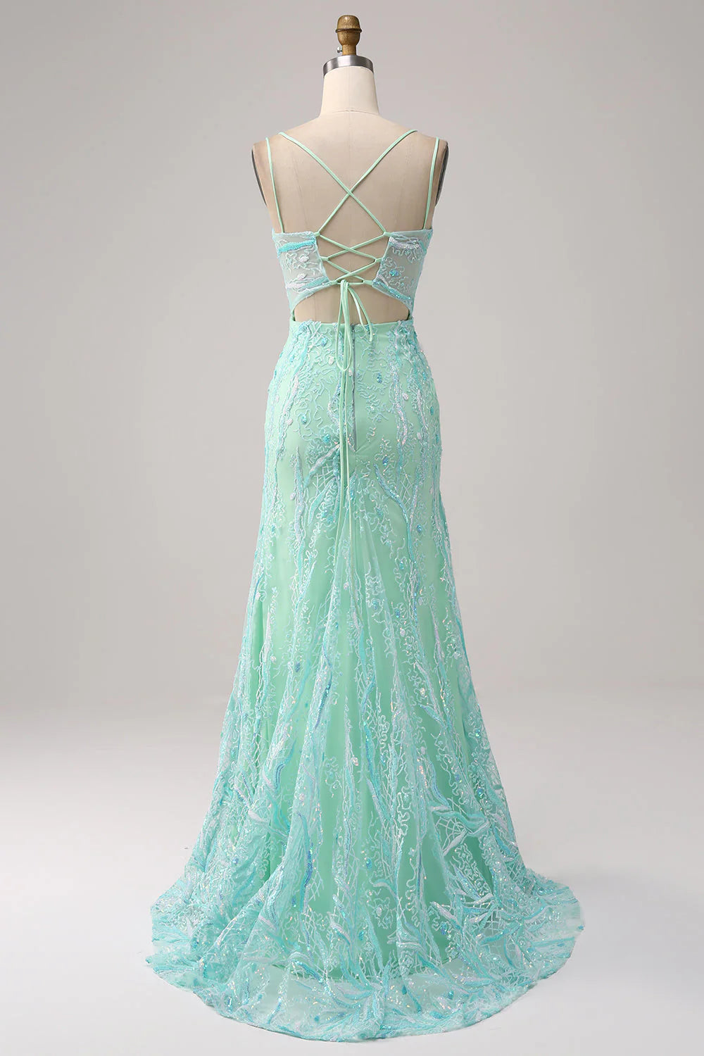Slim fit mermaid lace up back lilac sequin split ball dress
