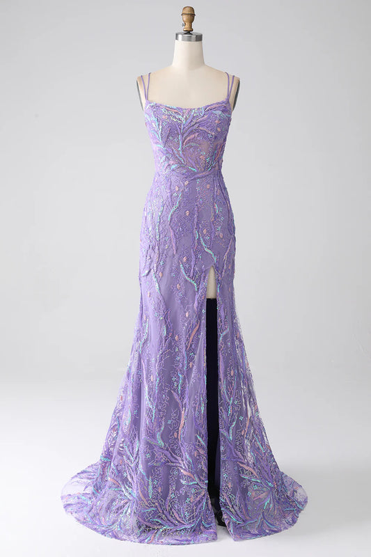Slim fit mermaid lace up back lilac sequin split ball dress