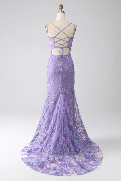 Slim fit mermaid lace up back lilac sequin split ball dress