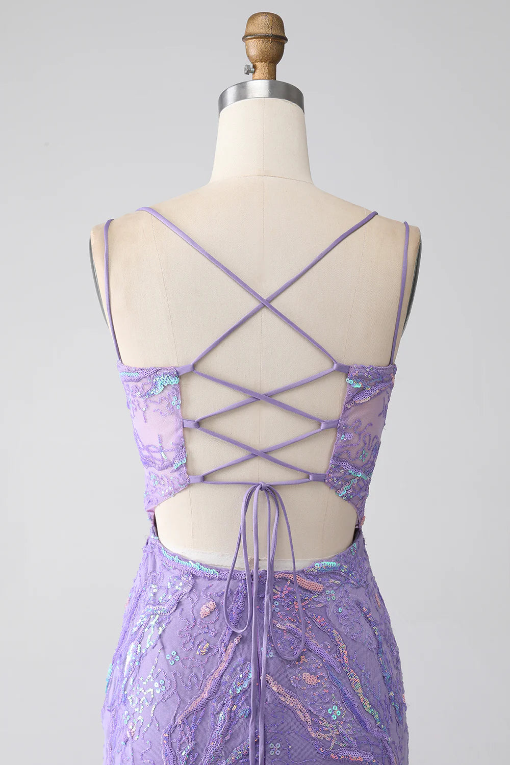 Slim fit mermaid lace up back lilac sequin split ball dress