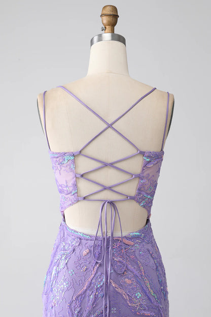 Slim fit mermaid lace up back lilac sequin split ball dress