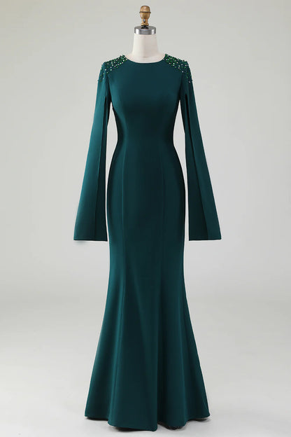 Dark green slim fit mermaid round neck dress with beaded cape sleeves