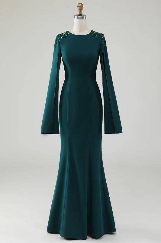 Dark green slim fit mermaid round neck dress with beaded cape sleeves