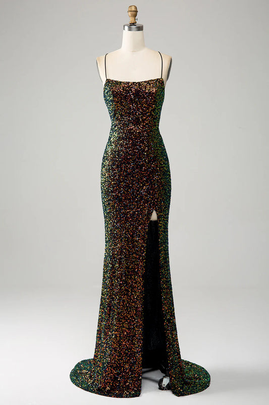 Sparkling high-end black spaghetti strap sequin mermaid slit ball dressSparkling high-end black spaghetti strap sequin mermaid slit ball dress