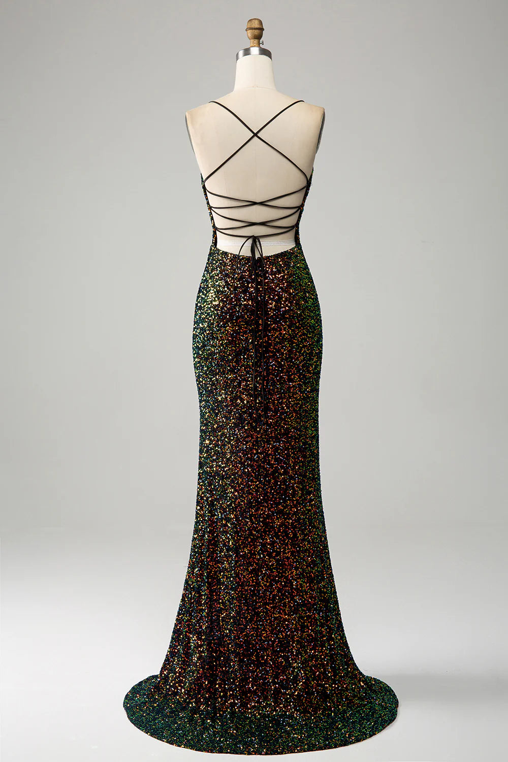 Sparkling high-end black spaghetti strap sequin mermaid slit ball dressSparkling high-end black spaghetti strap sequin mermaid slit ball dress