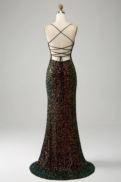Sparkling high-end black spaghetti strap sequin mermaid slit ball dressSparkling high-end black spaghetti strap sequin mermaid slit ball dress
