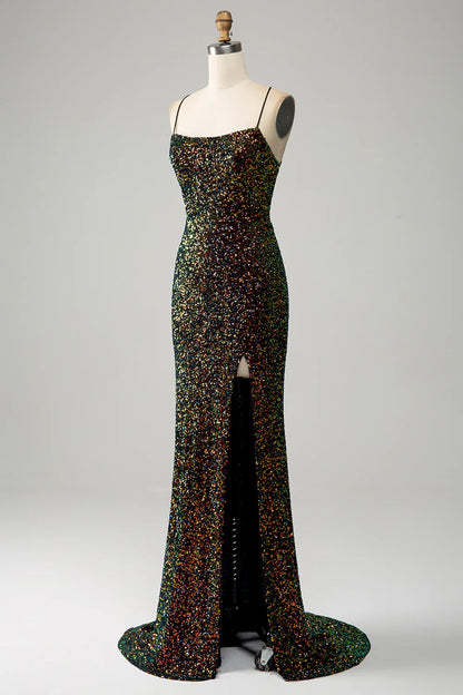Sparkling high-end black spaghetti strap sequin mermaid slit ball dressSparkling high-end black spaghetti strap sequin mermaid slit ball dress