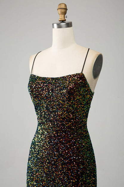 Sparkling high-end black spaghetti strap sequin mermaid slit ball dressSparkling high-end black spaghetti strap sequin mermaid slit ball dress