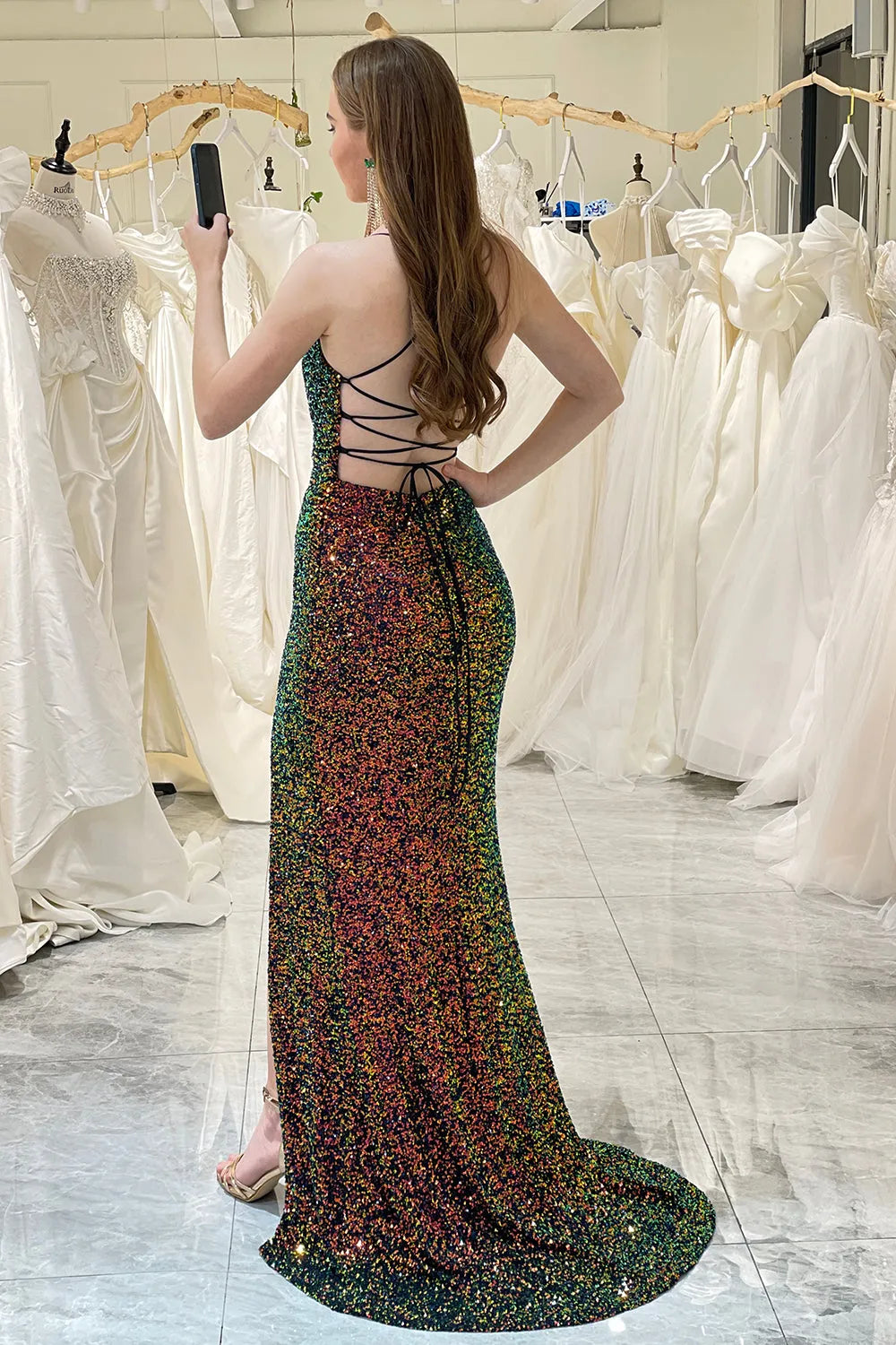 Sparkling and beautiful green sequin spaghetti lace up long ball dress