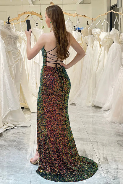 Sparkling and beautiful green sequin spaghetti lace up long ball dress
