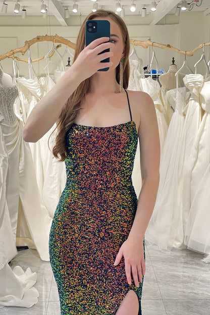 Sparkling and beautiful green sequin spaghetti lace up long ball dress
