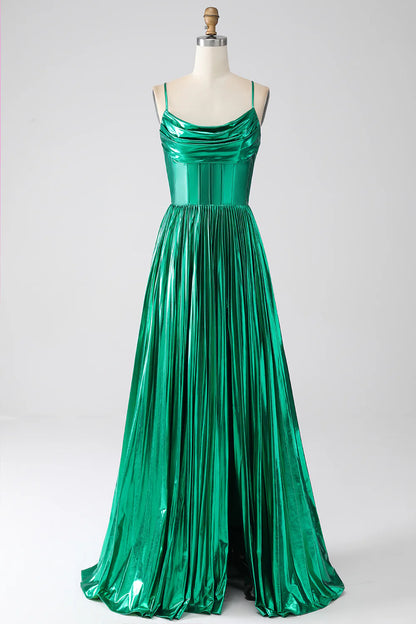 A-line dark green sexy tight fitting corset with slit ball dress