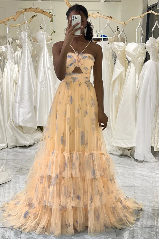Cute and Sweet A-line Italian Noodle Strap Long Printed sheer Ball Dress