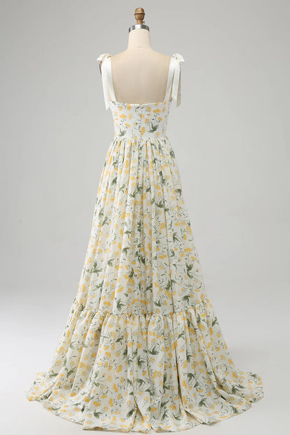 Elegant Ivory A-line Flower Long Dance Party Evening Dress