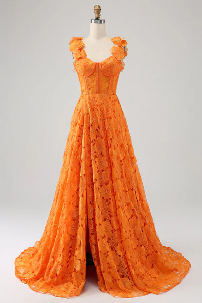 Orange A-line Flower Lace Long Ball Evening Dress