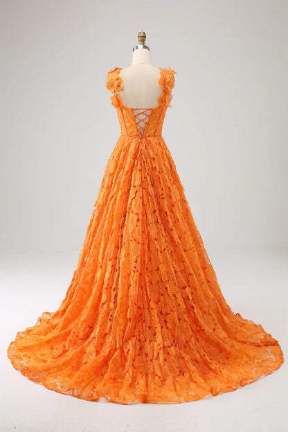 Orange A-line Flower Lace Long Ball Evening Dress