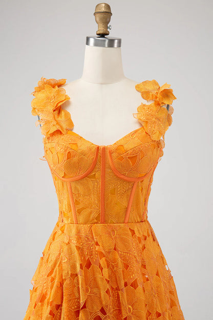 Orange A-line Flower Lace Long Ball Evening Dress