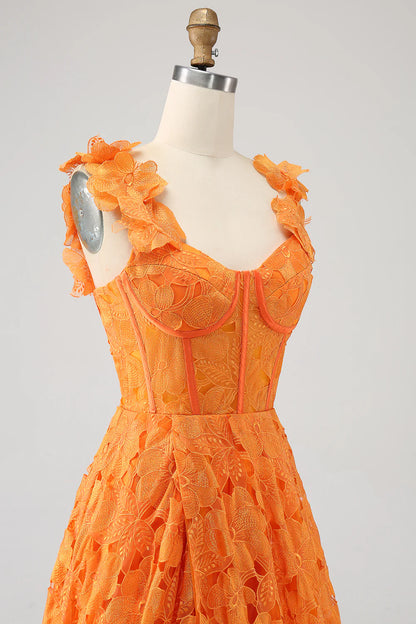 Orange A-line Flower Lace Long Ball Evening Dress