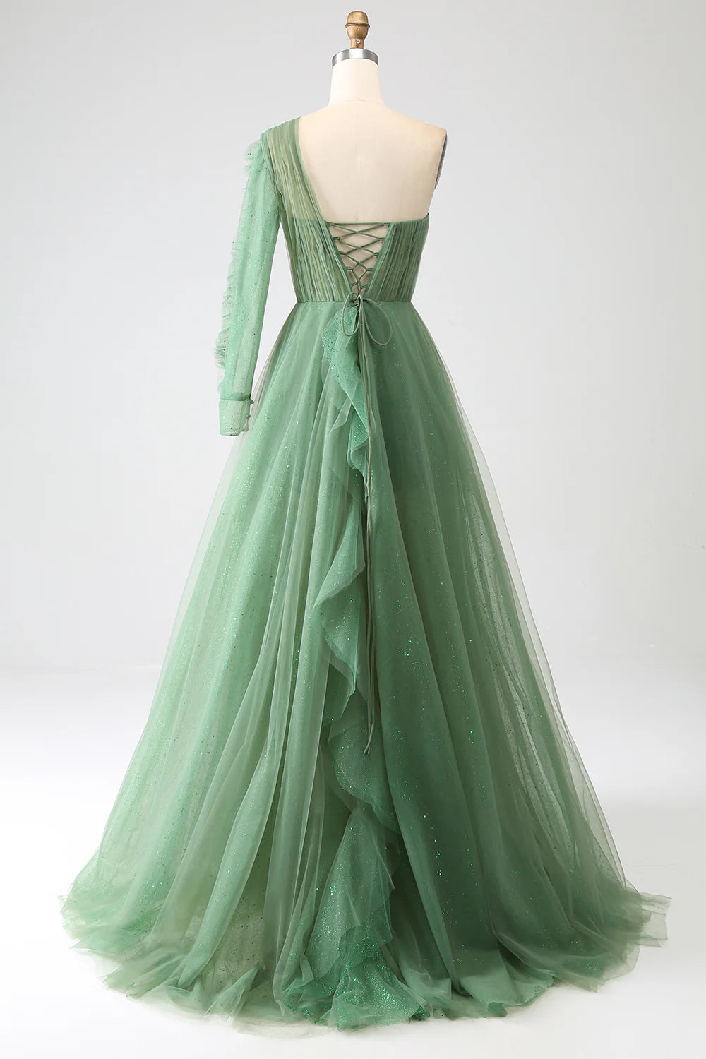 Dark green sexy and sweet A-line shoulder long sleeved dance dress