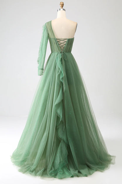 Dark green sexy and sweet A-line shoulder long sleeved dance dress