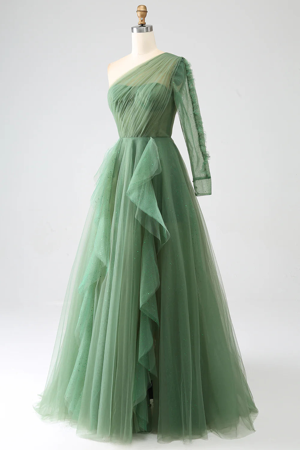 Dark green sexy and sweet A-line shoulder long sleeved dance dress